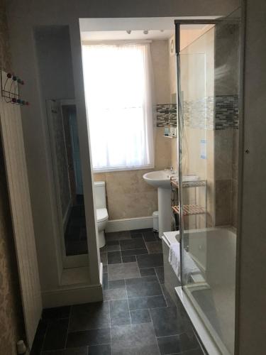 uma casa de banho com um chuveiro, um lavatório e um WC. em Durham Ox Ilkeston em Derby