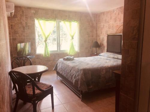 Schlafzimmer mit einem Bett, einem Tisch und einem Fenster in der Unterkunft Hotel Colombus in Aguada