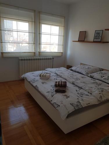 1 dormitorio con 1 cama grande y 2 ventanas en Harmony apartman, en Bijeljina