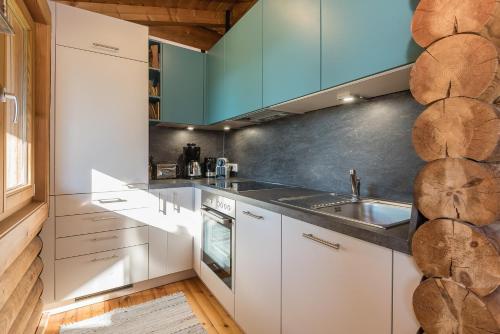 a kitchen with white cabinets and a sink at Ropferhof in Telfs-Buchen