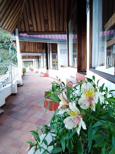a bouquet of flowers in front of a building at Hotel Cabañas El Rincón de las Campanas in Nobsa