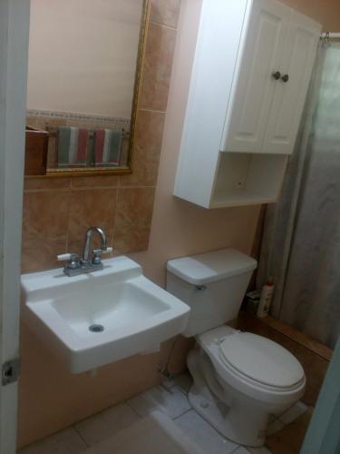 uma casa de banho com um lavatório, um WC e um espelho. em Cozy & Comfy em Portmore