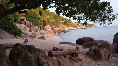 a beach with some logs on the shore at Tao Thong Villa 1 in Koh Tao