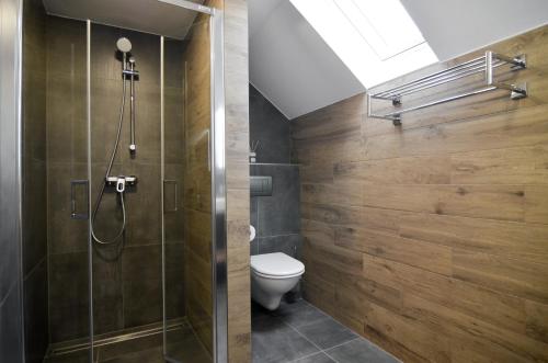 ein Bad mit einem WC und einer Glasdusche in der Unterkunft Apartmány Málek in Valtice