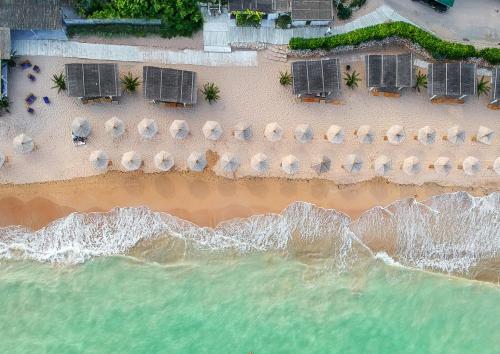 an aerial view of a beach with chairs and umbrellas at Thracian Cliffs Golf & Beach Resort in Kavarna