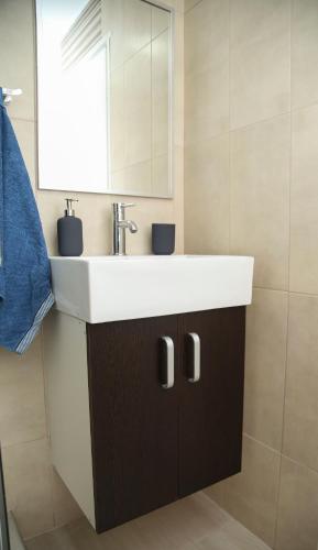 a bathroom with a white sink and a mirror at Havana Beograd Apartment in Belgrade