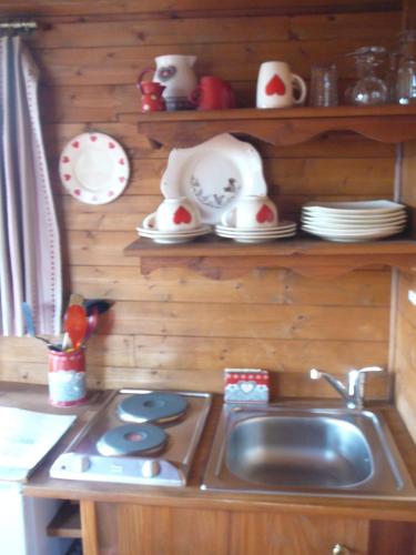 a kitchen with a sink and a counter top at Les Chalets des Mousquetaires in Mirepoix