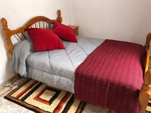 Un dormitorio con una cama con almohadas rojas. en ÁTICO ESTRELLA, en Tejina de Isora