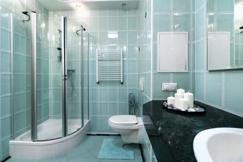 a bathroom with a toilet and a shower and a sink at PaulMarie Apartments on Mira in Mogilev