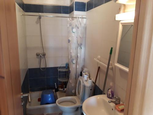 a bathroom with a toilet and a shower and a sink at Appartement Adrar pour Famille in Agadir