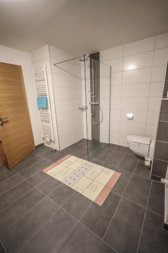 a bathroom with a shower and a toilet at Landhaus zur Tanne in Feld am See