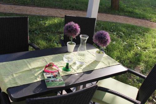 オストゼーバート・ディアーハーゲンにあるSTRANDFLIEDER App Nr 05 max 3 Persの紫の花の上に黒いテーブル