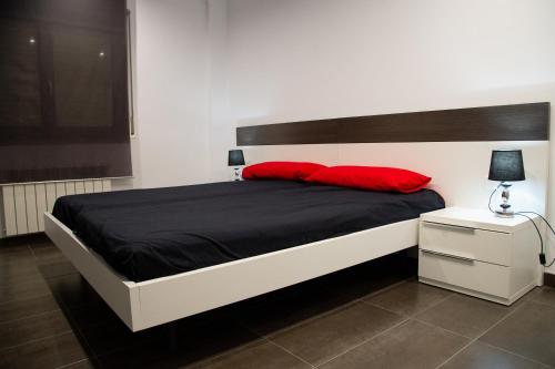 アルカニスにあるMEQUEDO EN ALCAÑIZのベッドルーム1室(赤い枕のベッド1台付)