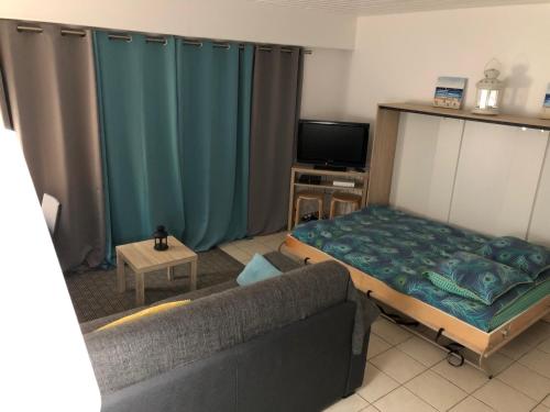 un salon avec un lit et un canapé dans l'établissement Brise Lame Face Mer, à Boulogne-sur-Mer