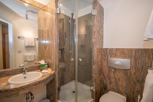 a bathroom with a shower and a sink and a toilet at Hotel Garni am Markt in Neustadt bei Coburg