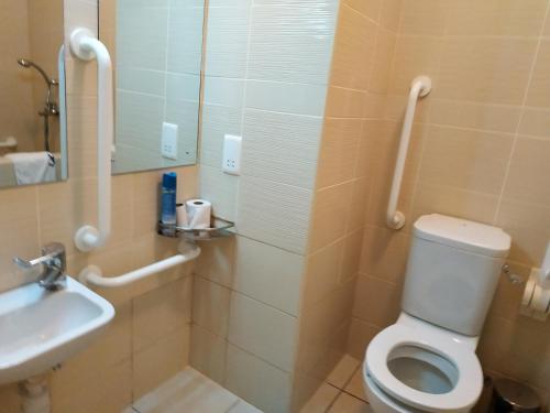 a bathroom with a toilet and a sink at LIA Hotel & Training Centre in Nairobi