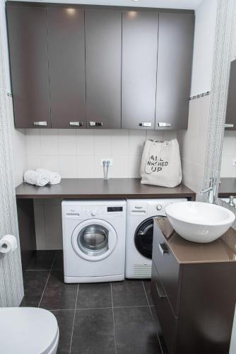 a kitchen with a washing machine and a sink at Apartment Vila Pavlovski in Bled