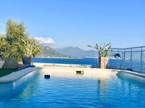 a swimming pool with a view of the water at Les Villas MarInCelu in Porto Pollo