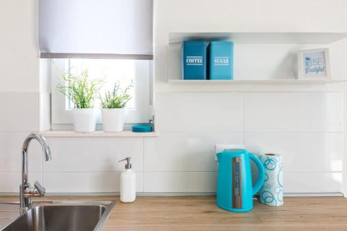 a kitchen counter with a sink and some plants at Apartmani Ksenija 2 in Tučepi