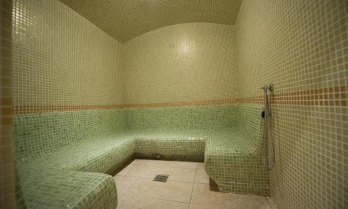 a green tiled bathroom with a tub and a shower at Hotel Escalade in Poiana Brasov