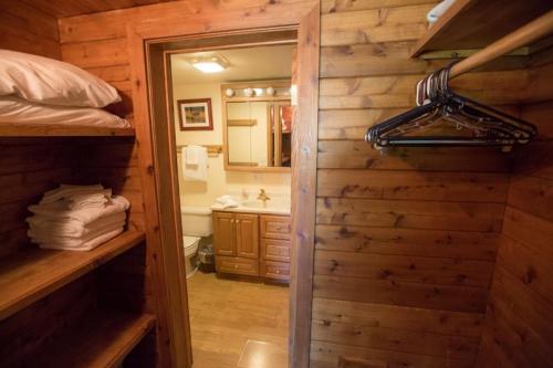 Zimmer mit einem Schlafzimmer mit Waschbecken und Spiegel in der Unterkunft Brettelberg Slopeside Condos C9 in Carbondale