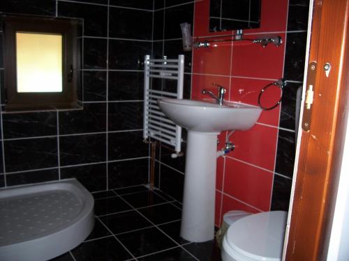 a bathroom with a sink and a toilet at Pensiunea Mara in Deseşti
