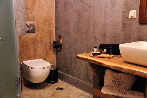 a bathroom with a toilet and a sink at Mylaon Boutique Hotel & Spa in Vytina