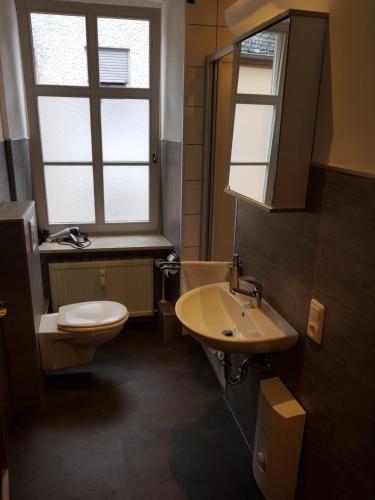 a bathroom with a sink and a toilet and a window at Ferienwohnung Liebeskummer in Traben-Trarbach