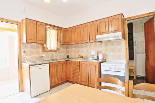 Amarylis Apartment في Almiros Beach: مطبخ بدولاب خشبي وثلاجة بيضاء