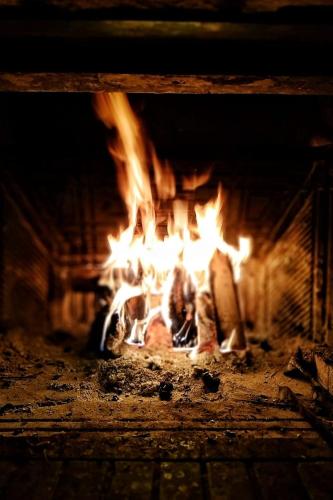 a fire in a fireplace with flames in it at Orias Guesthouse & Farm in Kalavrita