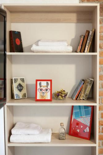 a book shelf with books and other items on it at 7 Apartments in Lviv