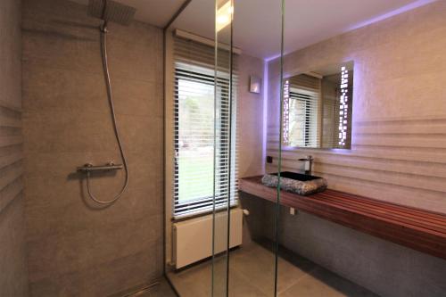 y baño con ducha, lavabo y espejo. en ARVAK HEYD (DURBUY) en Heyd