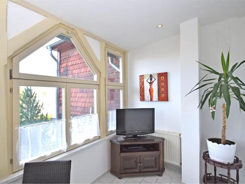 a living room with a tv and a window at Spacious Apartment in Ballenstedt Harz near Lake in Ballenstedt
