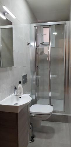 
a bathroom with a toilet, sink, and shower at Hostal Capitol Ramblas in Barcelona
