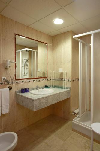 a bathroom with a sink and a mirror and a shower at Hotel El Palacio de Montanejos in Montanejos