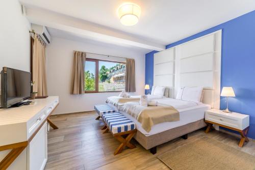 a bedroom with a large bed and a television at Vila Bisera in Ohrid