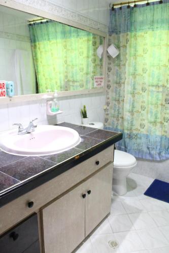 een badkamer met een wastafel, een toilet en een spiegel bij Escalona's place in San Andrés