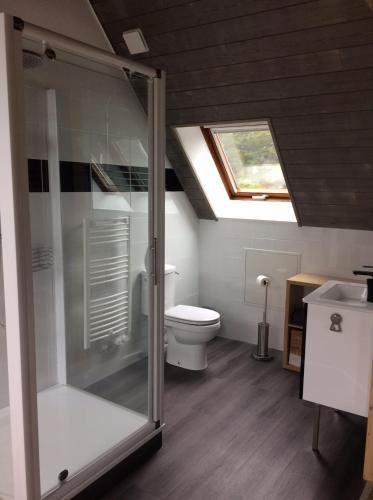 La salle de bains est pourvue d'une douche et de toilettes avec une lucarne. dans l'établissement La Maison de pêcheur, à Sarzeau