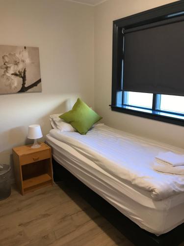 a small bedroom with a bed and a window at Fell Holiday Home in Arnarstapi