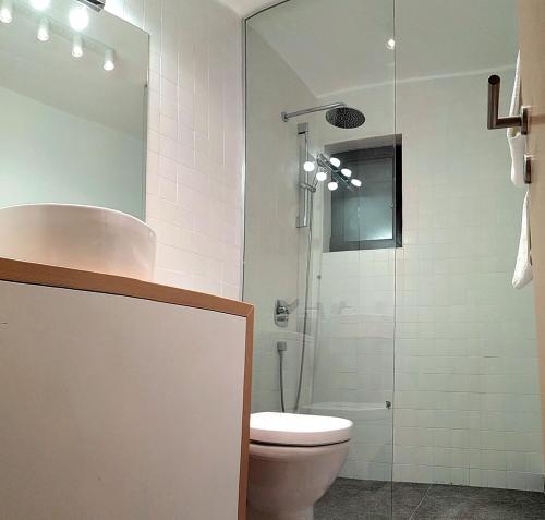 a bathroom with a toilet and a glass shower at Apartments Milic in Kaludjerske Bare