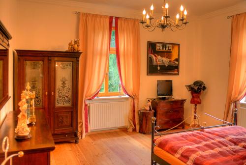 1 dormitorio con cama y ventana en Domizil Adler, en Dresden