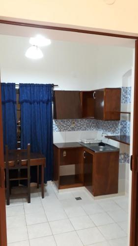 アスンシオンにあるResidencia Leones de Castillaのキッチン(テーブル、青いカーテン付)