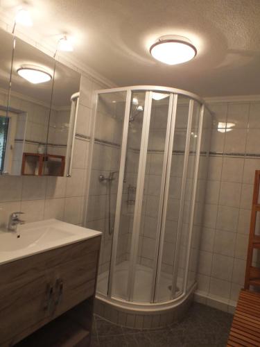łazienka z prysznicem i umywalką w obiekcie Müllers Ferienhaus Salzburgerland w mieście Unken
