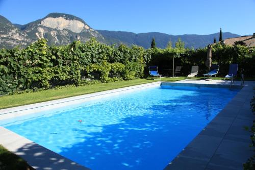 een zwembad met bergen op de achtergrond bij Ferienwohnungen Palma in Cortaccia
