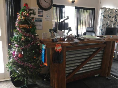 an office with a christmas tree and a desk at National Park Alpine Lodge in National Park
