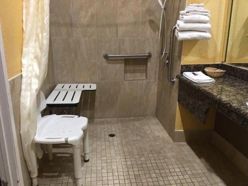 a bathroom with a shower with a bench and a toilet at Diamond Inn in Inglewood