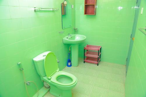 bagno verde con servizi igienici e lavandino di Lucullus Garden a Bentota