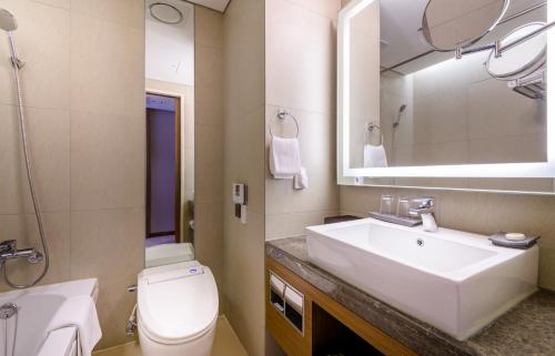 a bathroom with a sink and a toilet and a mirror at Parksunshine Jeju in Seogwipo