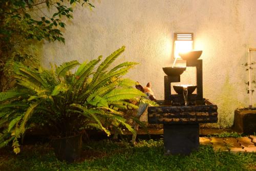 a bird sitting next to a lamp in a garden at White Villa Airport Transit Hotel in Katunayake