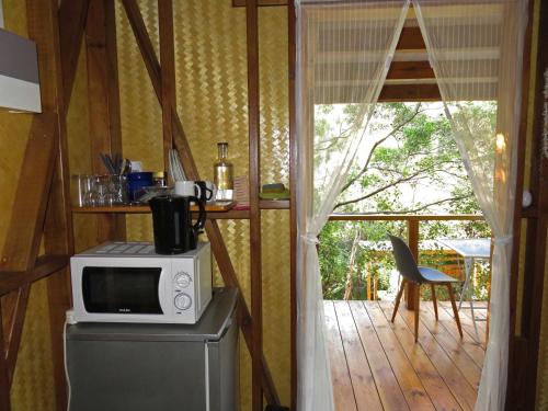 Dumbéaにあるla Cabane de la Valleeのキッチン(冷蔵庫の上に電子レンジ付)